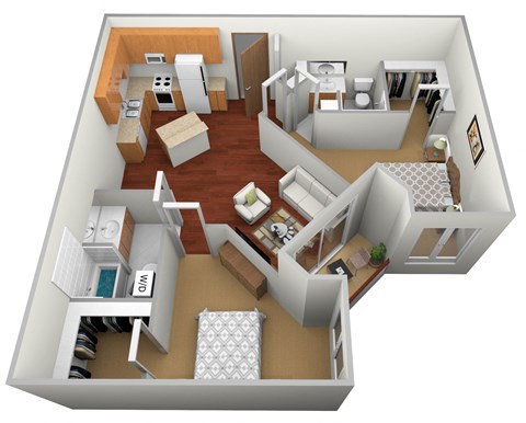 a layout of a 3d floor plan with a bedroom and living room